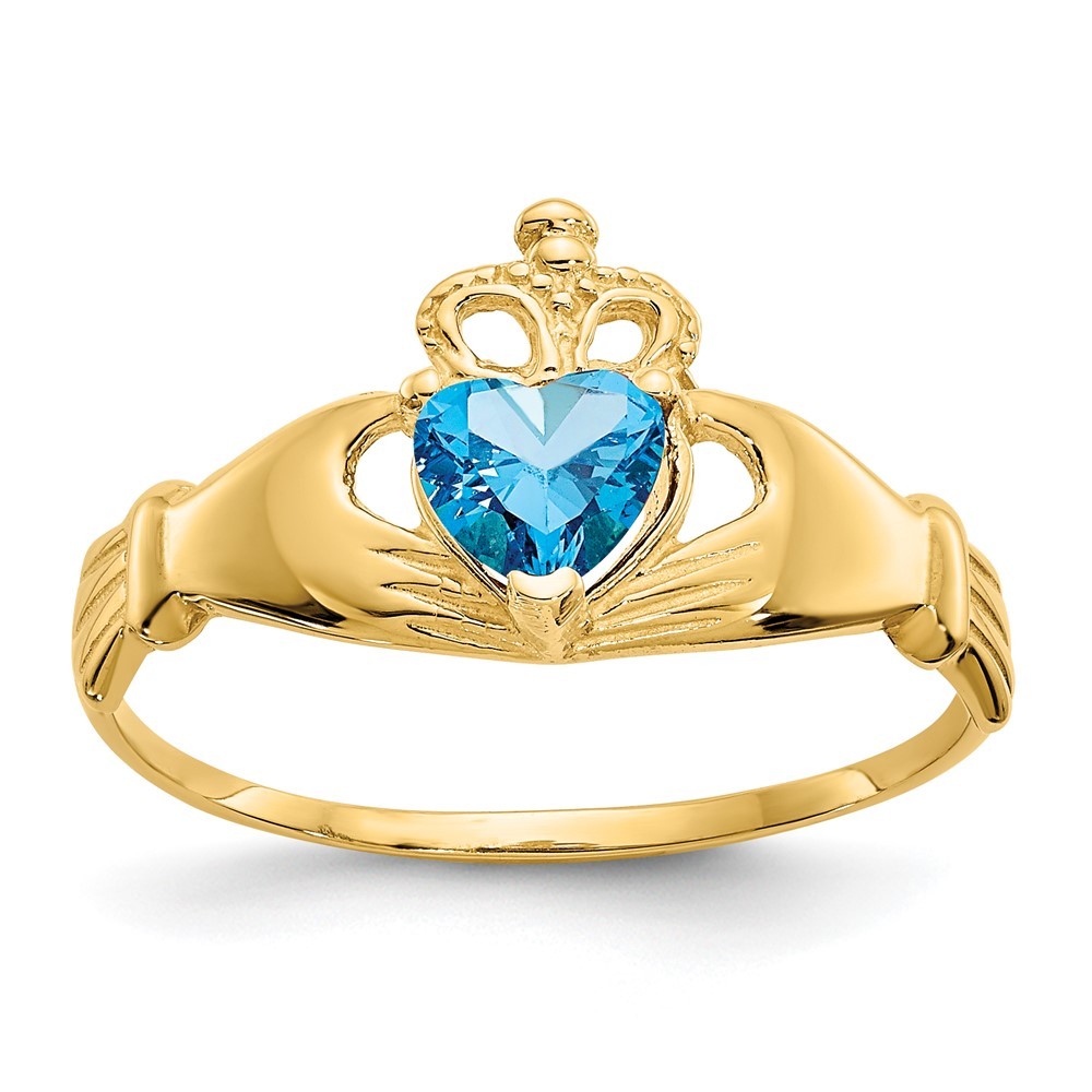 14k Gold Genuine CZ December Birthstone Claddagh Heart Ring, Size 7